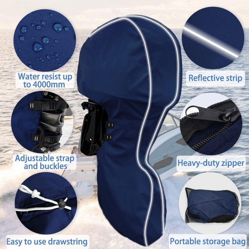 zenicham 600D Fade and Crack Resistant Trailerable Full Outboard Motor Cover,Waterproof and UV-Proof Boat Motor Cover,Boat Engine Cover with Reflective Strips and Adjustable Strap Navy(Fits 20-30 HP) - Image 5